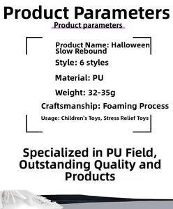 Specifications of PU foam Halloween squishy toys showing 35g weight and 6 style options