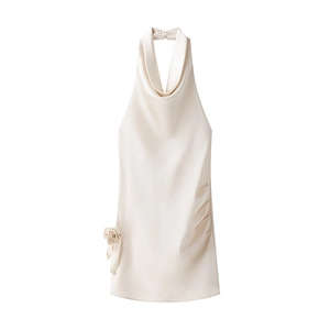 Elegant white satin halter neck mini dress with 3D floral detail and side ruching