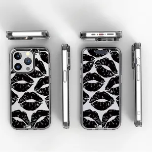 Detailed multi-angle views of transparent iPhone case with black lip print pattern