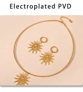 Detail of PVD electroplated gold sunburst necklace and earrings on natural stone