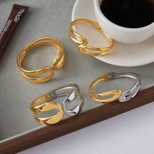18K gold plated stainless steel layered open bangle with a sleek curved design