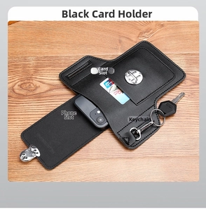 Detailed view of black leather phone holster with dedicated card slot and key ring