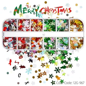 Christmas nail art sequins set 12G-967 with snowflakes and stars in a 12-grid box