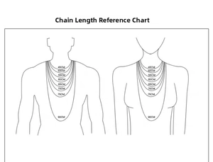 Baroque pearl necklace length guide showing chain positions from 45cm to 90cm on a torso