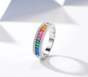 Macro detail of S925 silver ring featuring rainbow gradient gemstones and side zircons
