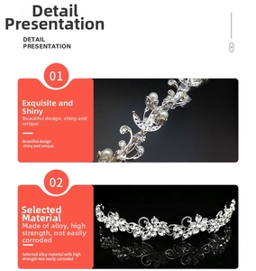Close-up of the silver alloy crown headband with intricate floral rhinestones and pearls