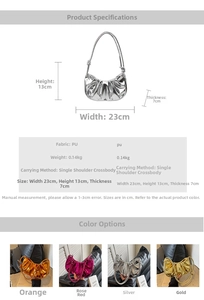Detailed dimensions of glossy pleated cloud bag: 23x13x7cm size for versatile shoulder carry