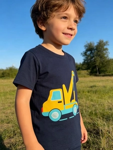 Boys Short Sleeve Cotton T-Shirt Navy Blue Round Neck Yellow Construction Crane Printing Kids Summer Casual Top