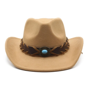 Detail of camel wool felt cowboy hat with braided leather belt and turquoise metal buckle