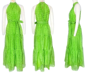 Detail of green plaid halter maxi dress showing front, side, and back views with waist tie