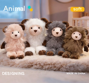 Close-up of four soft plush sheep toys in pastel colors sitting on a fluffy rug