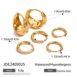 Three-piece set of golden stainless steel hoop earrings with size specifications