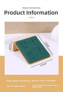 Detail view of gold metal ring display stand with dark green microfiber and dimensions