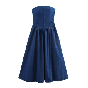 Abito Midi In Denim Senza Spalline Vita Alta Linea A Gonna A Ruota Cerniera Posteriore Retro Elegante Estate Blu Scuro
