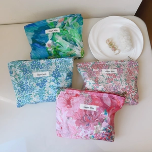 Floral Makeup Bag Printed Cotton Canvas Zipper Pouch Travel Cosmetic Organizer Handheld Phone Storage Retro Style