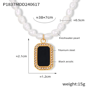 Detailed view of freshwater pearl necklace with square acrylic pendant and sizing specs