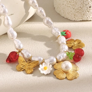 Baroque Imitation Artificial Pearl Necklace Stainless Steel 18K Gold Plated Butterfly Flower Fruit Charms Sweet Fashion For Women