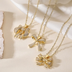 Bowknot Pendant Necklace Copper Gold Plated With Zircon Sweet Fashion Clavicle Chain For Women