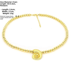 Detail view of 18k gold plated conch pendant necklace with dimensions 45+5cm chain length