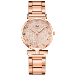 Elegant rose gold women's watch with radial petal texture dial and metal link bracelet