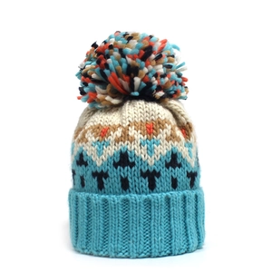 Nordische Strickmütze mit buntem Bommel und dickem Winter-Jacquard-Muster für Damen