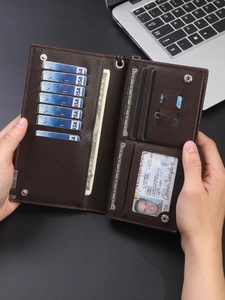 Men's dark brown lychee grain long leather wallet with multiple card slots and cash pocket