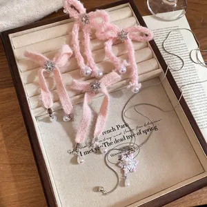 Pink velvet bow jewelry set with snowflake crystals and pearls for women