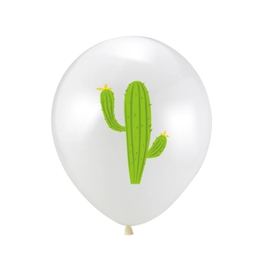 Detailed view of white latex balloon with green cactus print for Hawaiian party decor
