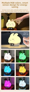 Detail of cute rabbit smart night light with RGB color modes and touch sensor digital clock