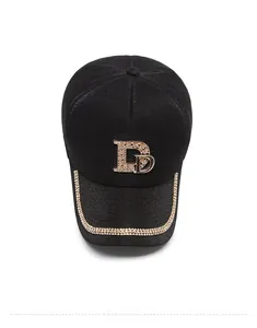 Top view of black baseball cap with crystal D logo and rhinestone trim on brim