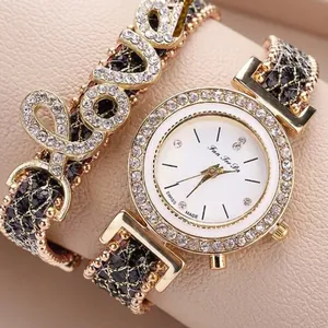 Orologio Polso Quarzo Donna Cassa Lega Strass Lettera Amore Quadrante Rotondo Ciondolo Elegante Accessori Moda
