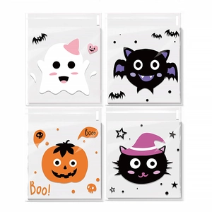 Halloween self-adhesive candy bags with ghost, bat, pumpkin and black cat patterns