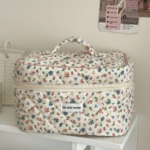 Quilted Corduroy Floral Makeup Bag Portable Cosmetic Storage Pouch With Handle Zipper Closure Travel Toiletry Organizer
