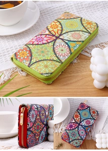 Detailed view of colorful Bohemian mandala patterns on long multi-functional wallets