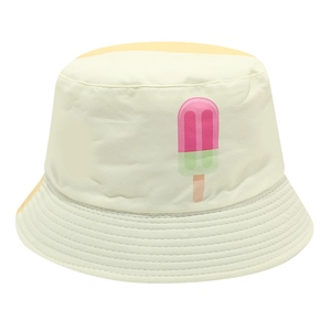 Detail of light beige cotton bucket hat for kids with pink ice pop print on front