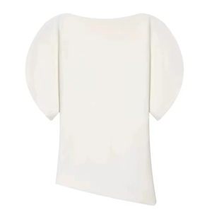Fashionable white women top with puff sleeves and unique irregular hem design