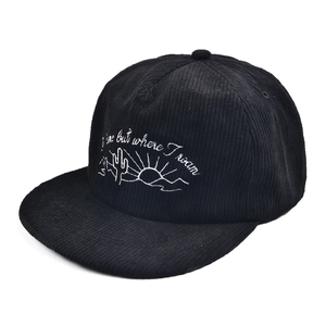 Close-up of cactus embroidery on high-quality black corduroy flat brim baseball cap
