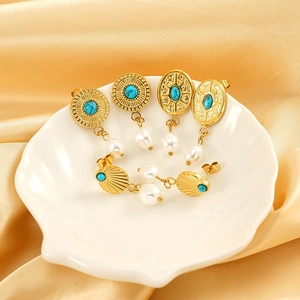 Vintage Bohemian Drop Earrings 18K Gold Plated 304 Stainless Steel Turquoise Baroque Imitation Artificial Pearl For Women