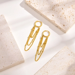 Minimalist 18K gold plated stainless steel triple-layer bead chain hoop earrings for women