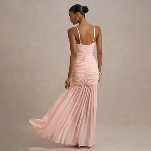 Elegantes rosa rückenfreies plissiertes Netz-Maxikleid mit dünnen Trägern für Damen