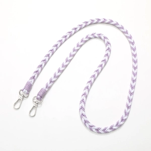 Handwoven purple and white cotton lanyard strap with metal lobster clasps for bags