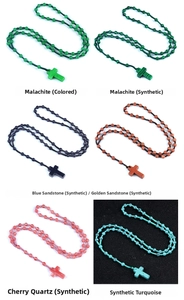 Collage of six natural crystal and agate cross pendants with 6mm woven prayer beads