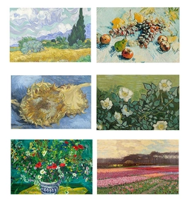 Detail view of six PVC placemats featuring Van Gogh impressionist oil painting designs