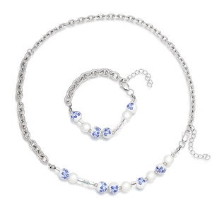 Chinese style hip-hop jewelry set with blue and white porcelain beads and silver chain