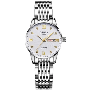 Close-up detail of ORUSS women's quartz watch featuring diamond hour markers and a date.