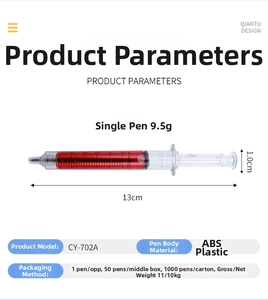 Detailed size chart of syringe-shaped ballpoint pen with ABS plastic body specifications