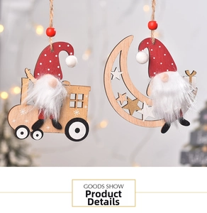 Detail of wooden Christmas gnomes with white plush beards and rustic hemp ropes