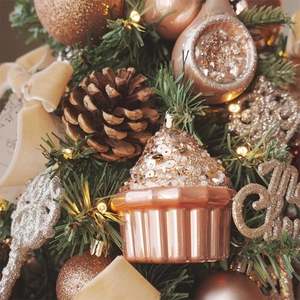 Mini Christmas tree set with rose gold ornaments, pine cones, and velvet bows decor