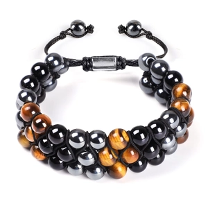 Detail of double-layer obsidian tiger eye and hematite braided beaded bracelet