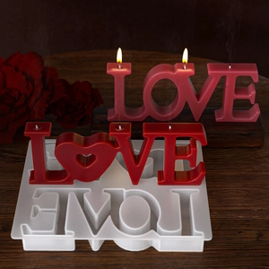 DIY silicone mold for LOVE letter candles featuring a heart-shaped O design and flames